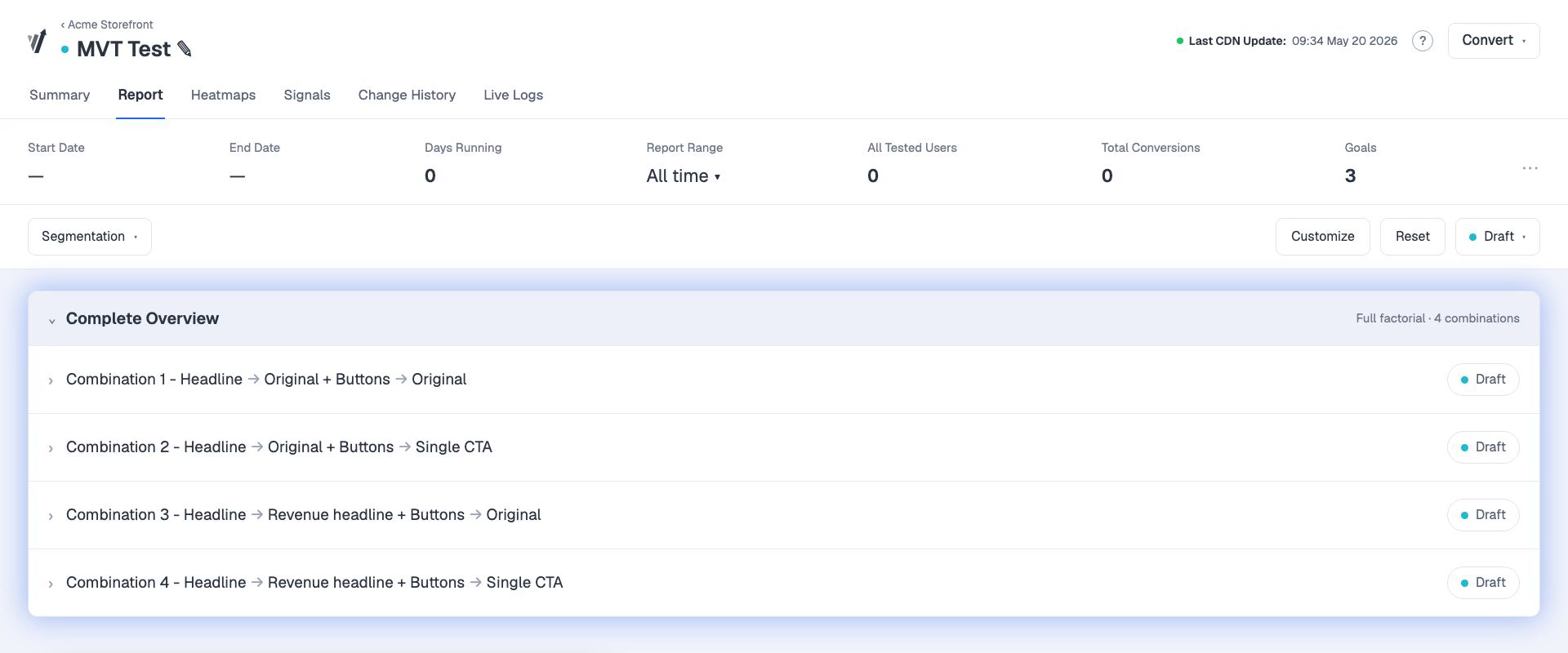 Convert Experience Report showing the Complete Overview with every combination — Combination 1–4, each Headline × Buttons, with status.