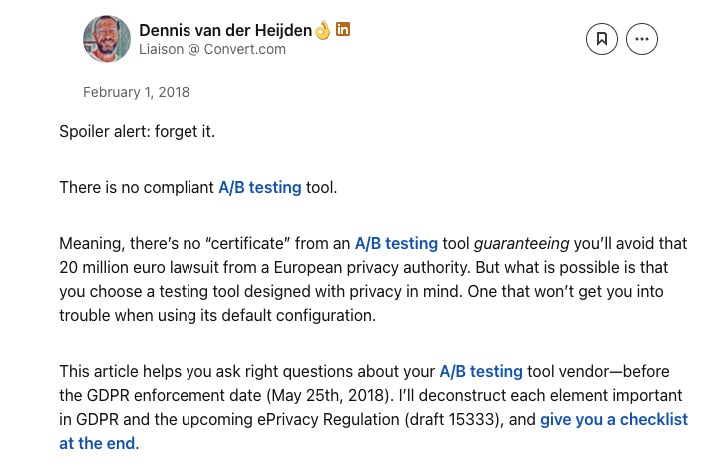 LinkedIn article by Convert's CEO Dennis van der Heijden, 1 February 2018