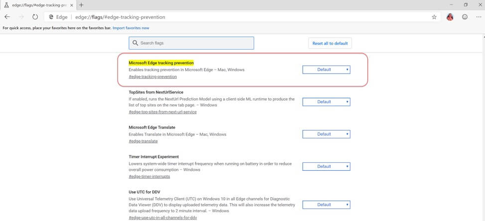 In the address bar, enter edge://flags#edge-tracking-prevention to open the experimental settings page