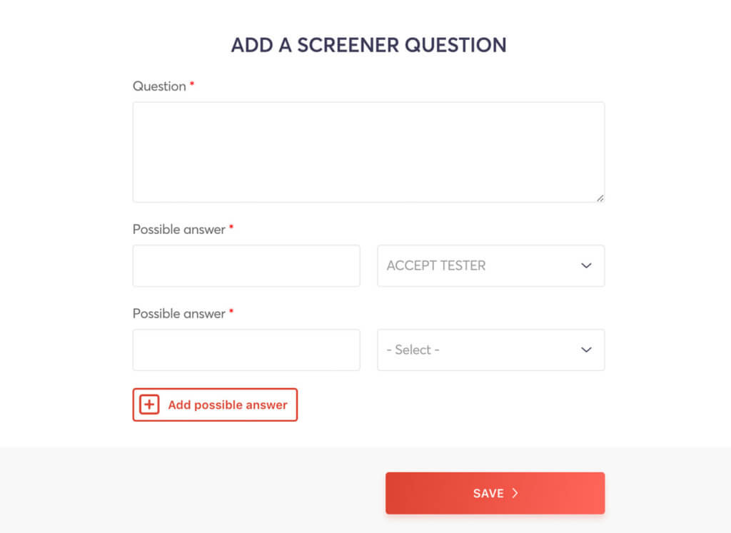Screener questions user testing in Userfeel