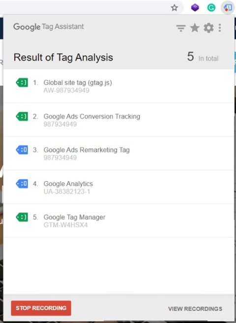 Google Tag assistant recording