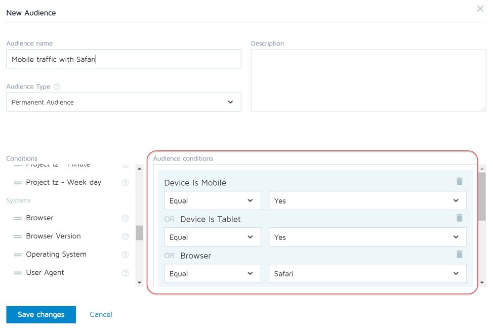 Audience conditions based on device type and browser in Convert Experiences