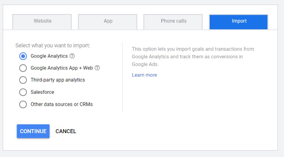 Ads conversion import in Google Analytics