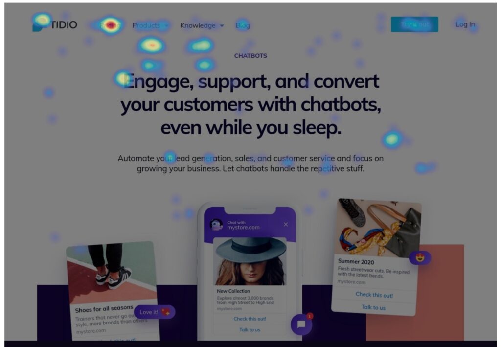 SaaS app Tidio heatmap chatbot page
