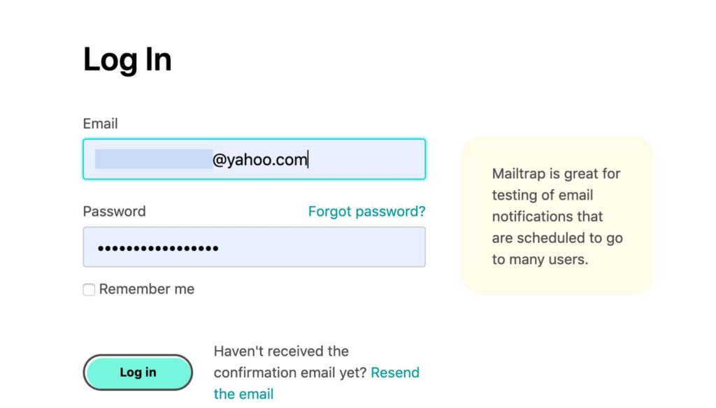 MailTrap login SaaS UX