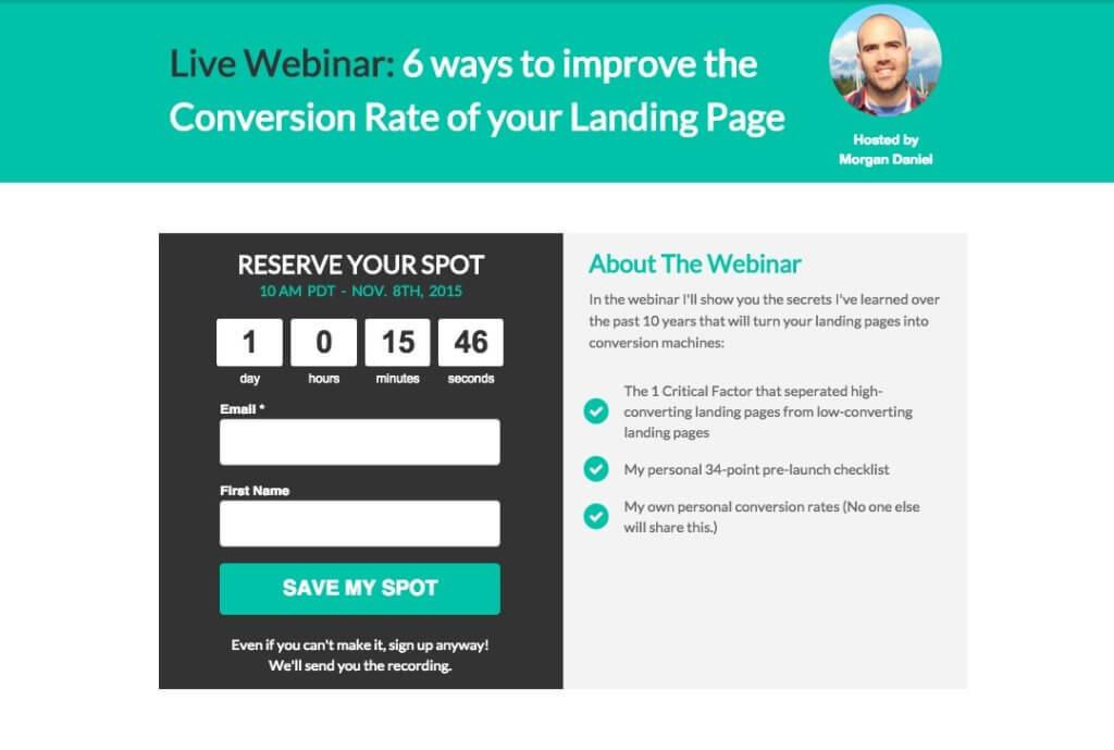 great example of a webinar landing page that shows a countdown clock. It works well with the nature of a live webinar event
