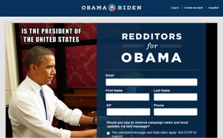 Behavioral Targeting used in Landing Pages, Obama's election landing page targets visitors from Reddit