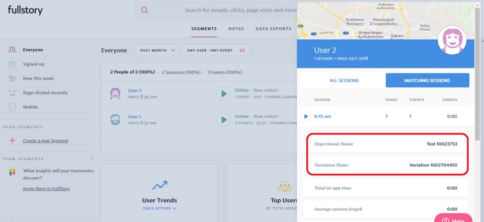 Inside your FullStory account, you can filter recordings based on a certain Experiment