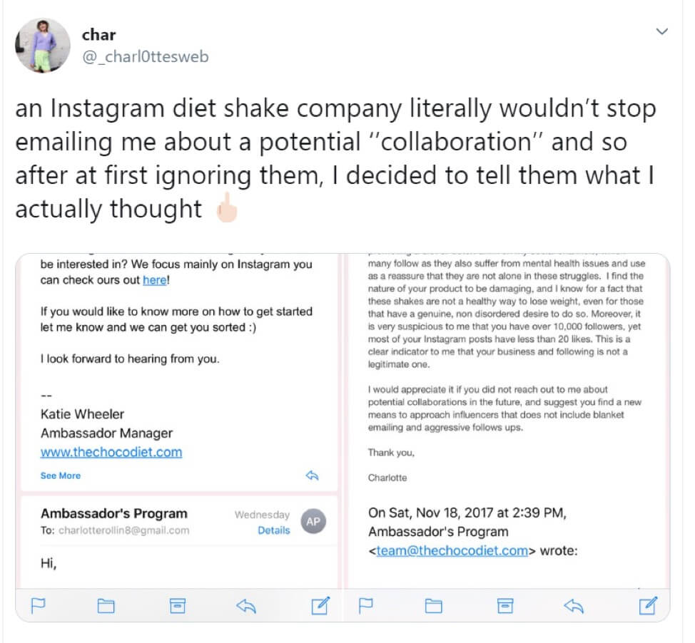 influencers may even call you out just like Charlotte in the screenshot 