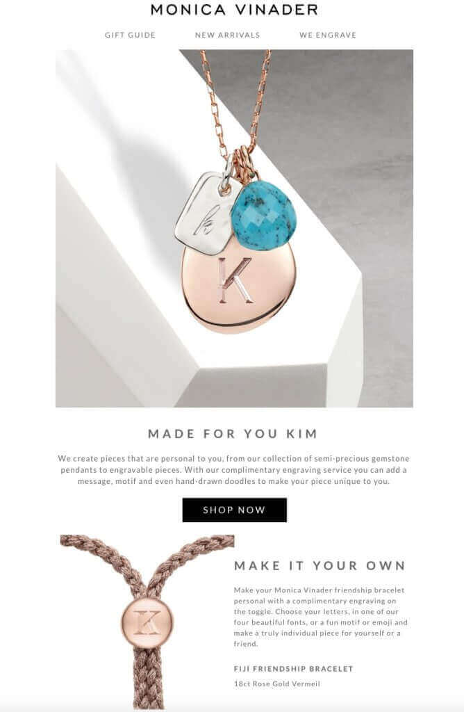 Monica Vinader, the British jewellery shop, customizes emails like a pro