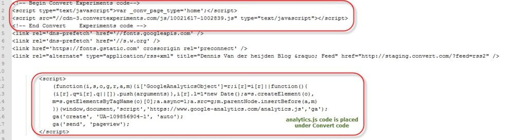 you have to make sure that Google Analytics tracking code is placed under Convert Experiments code