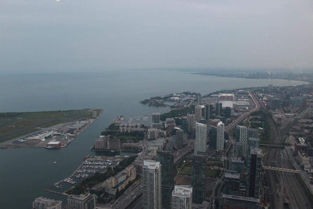 A view of the City and Lake Ontario from the CN Tower lookout.
