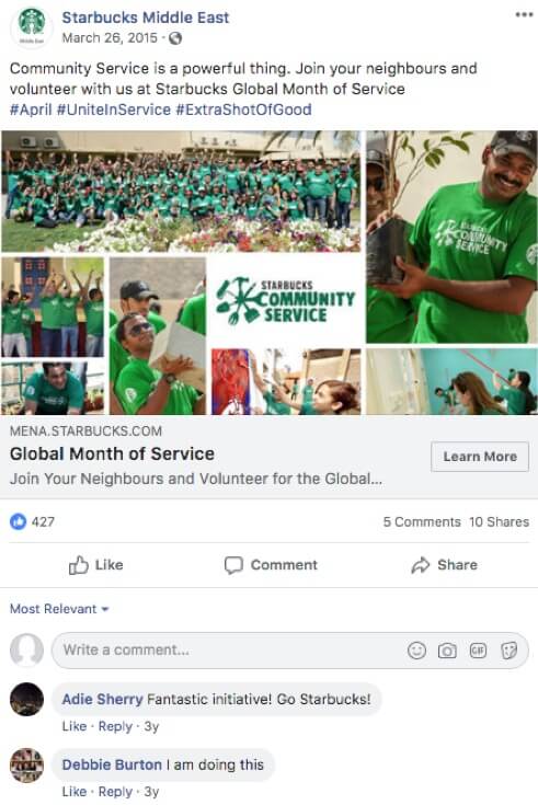 starbucks encourage their fan community to volunteer alongside them with this call to action on Facebook: