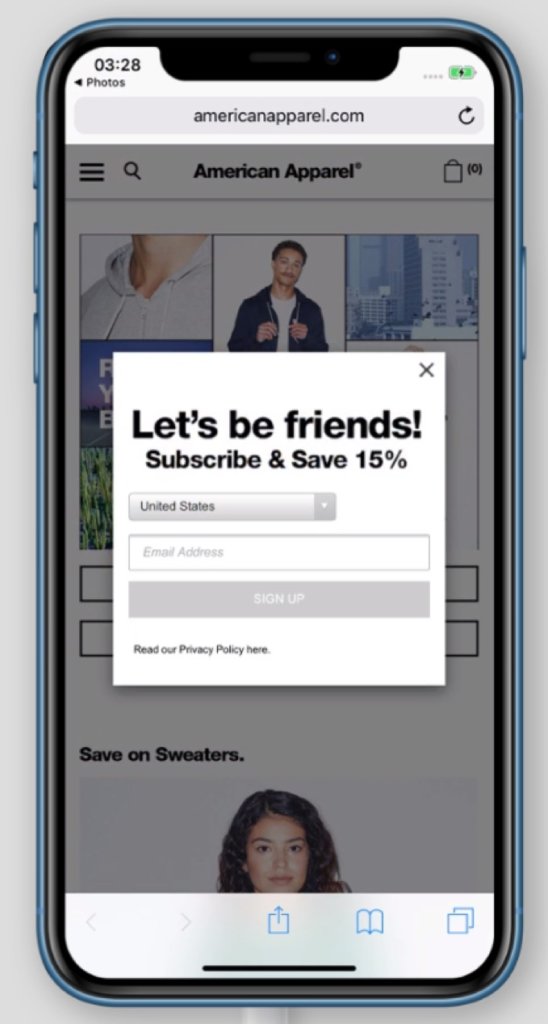 The era of intrusive email modals is not over yet (a pop-up on AmericanApparel.com)