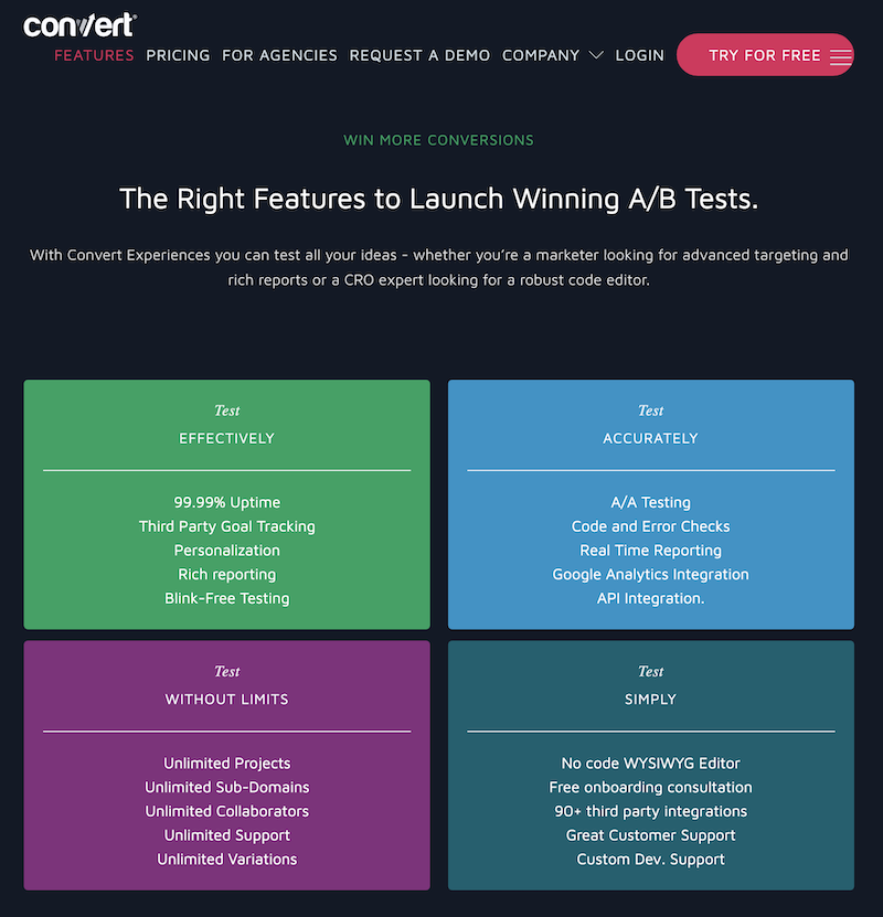 A/B testing software, Convert's A/B Testing Platform has the right features to Launch Winning A/B Tests