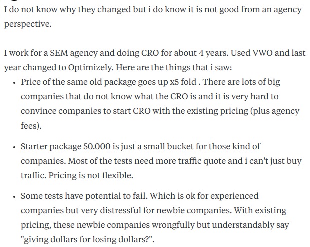 Serdar Usta, a CRO practitioner and Quora user on Optimizely's new plans
Image