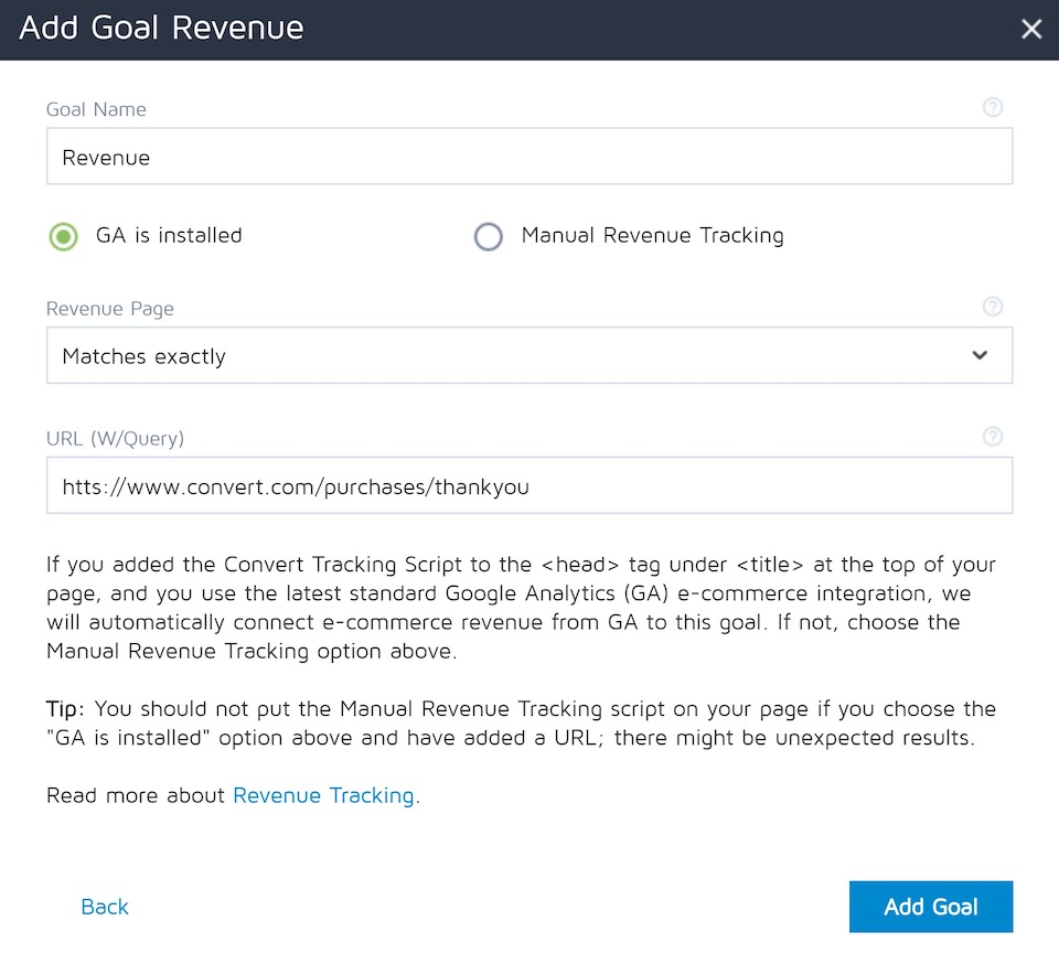 Convert Experiences allowing detailed revenue tracking and goal tracking