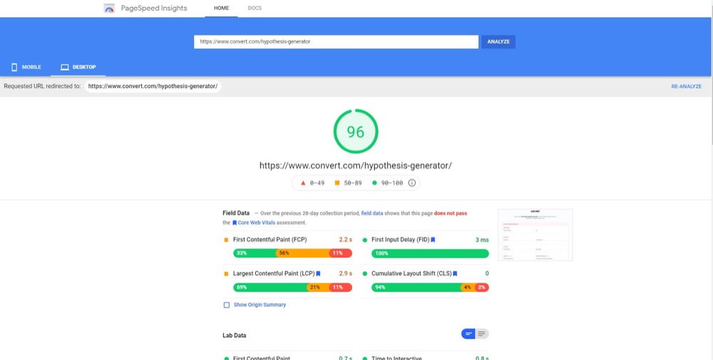 Google Site Speed page evaluation