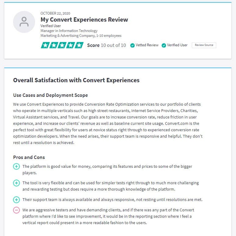 split testing tool Convert Experiences review