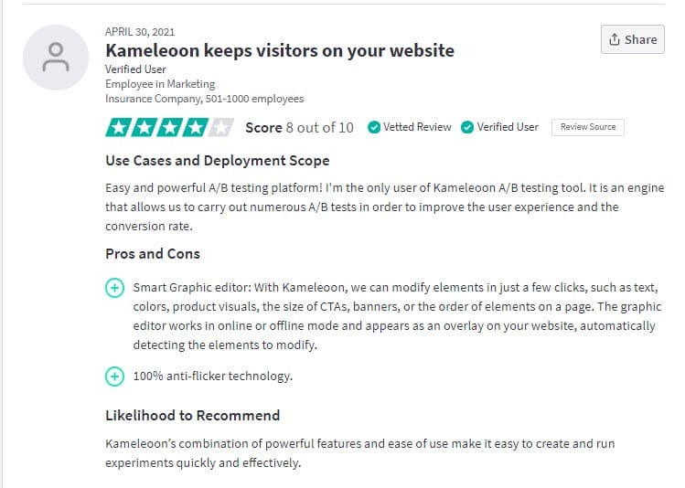 split testing tool Kameleoon review