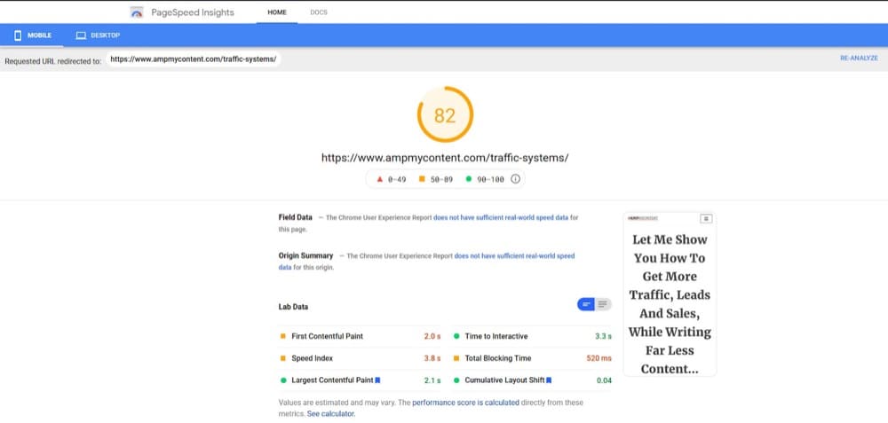 pagespeed insights after changes