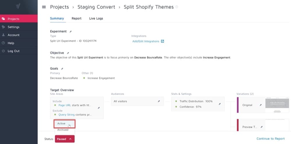 experiment page in Convert Experiences