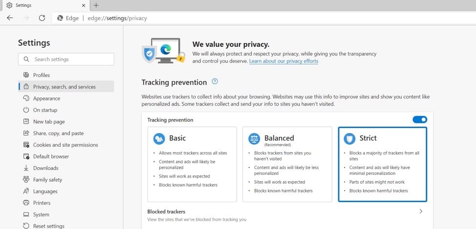 Strict tracking prevention mode in Microsoft Edge