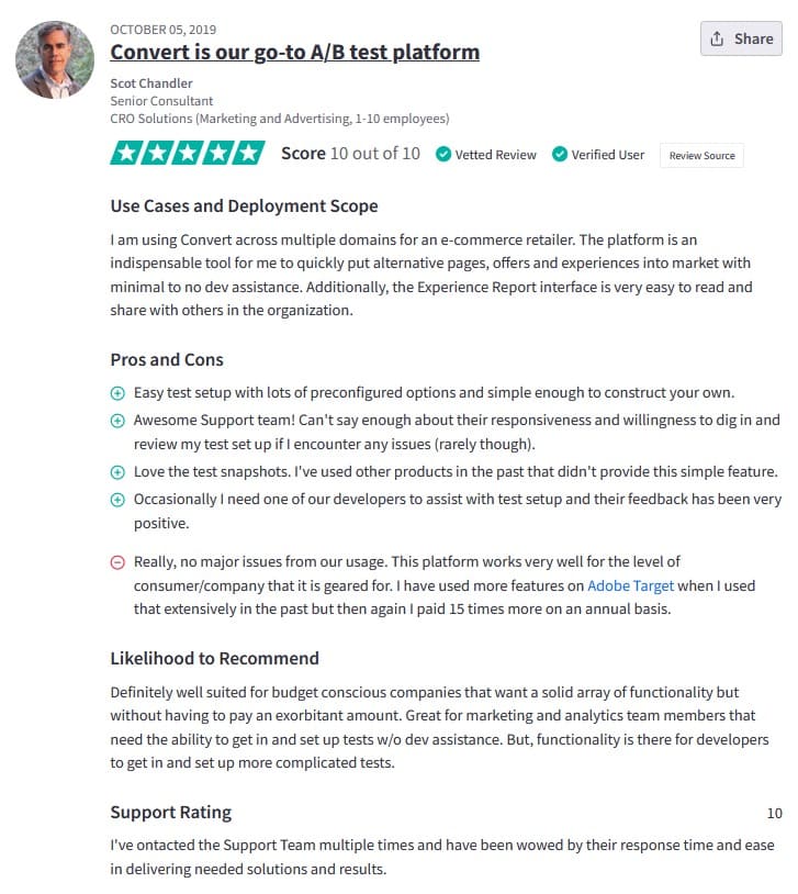Best Shopify A/B Testing App Convert Experiences positive review