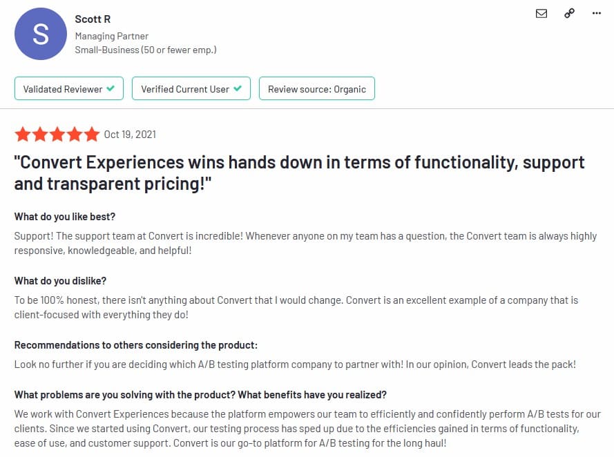 Best Shopify A/B Testing App Convert Experiences positive review