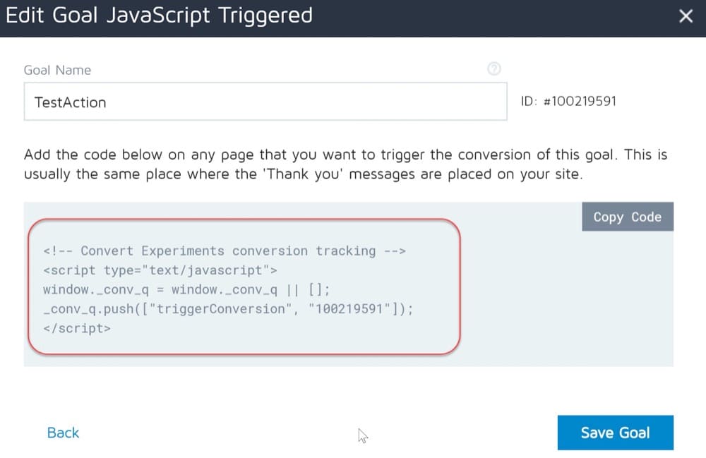 Javascript triggered goal in Convert experience