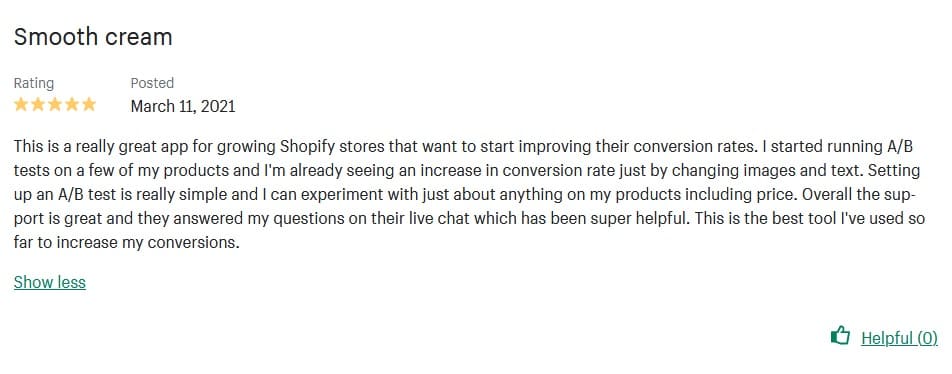 Shopify A/B Testing Apps Elevate Product A/B testing positive review