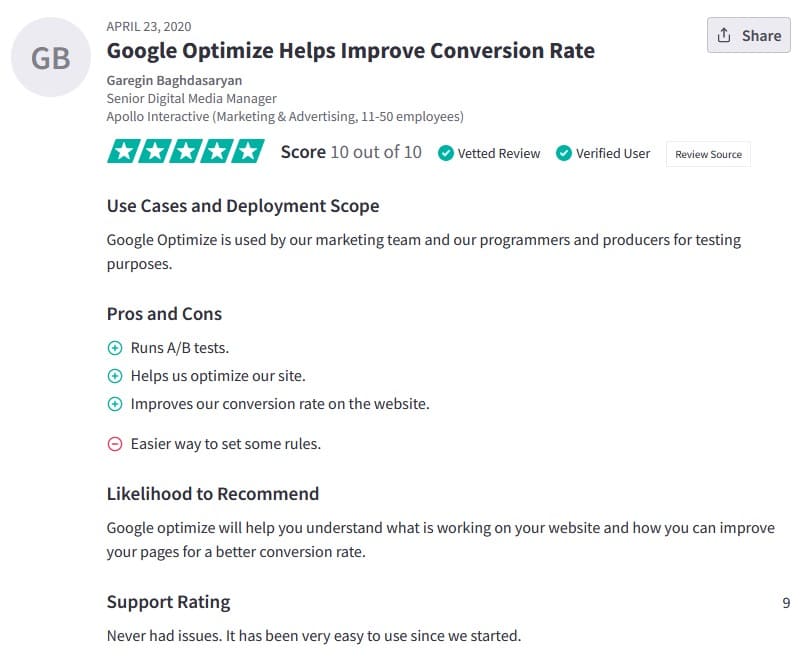 Shopify A/B Testing Apps Google Optimize positive review