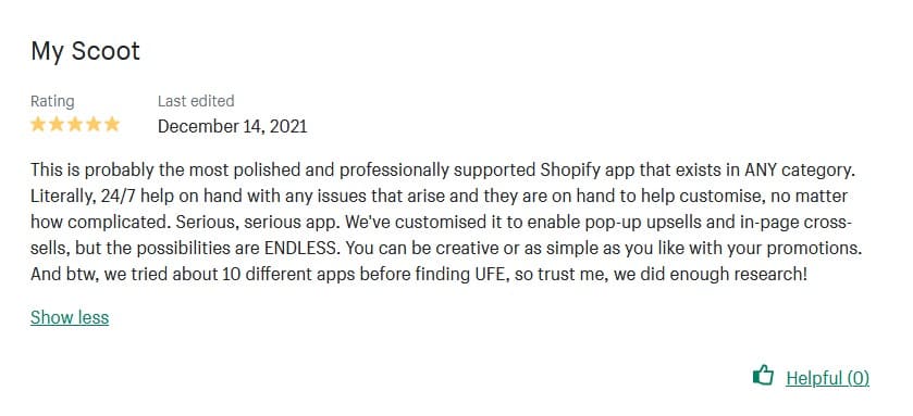 Top Shopify Upsell Cross-sell App UFE positive review