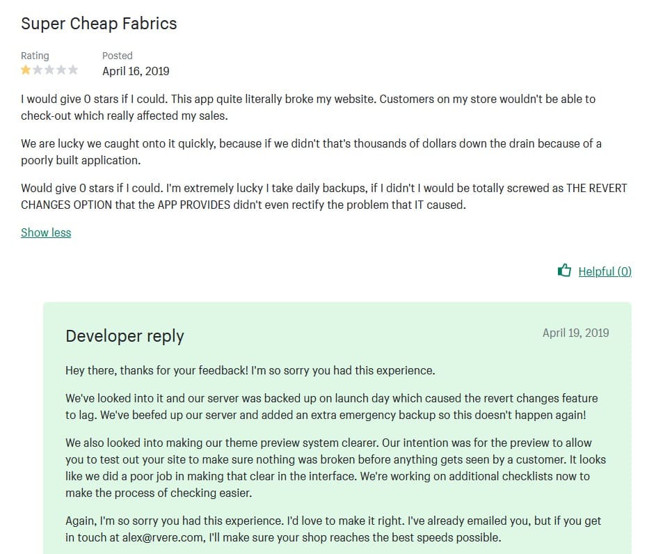 shopify app speed optimization negative review