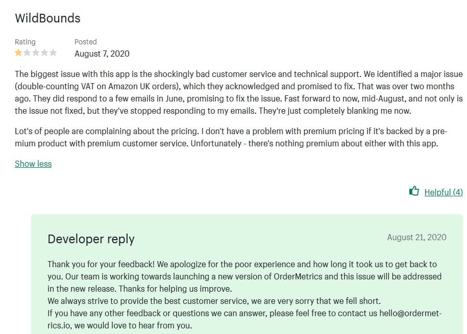 top Shopify analytics app OrderMetrics negative review