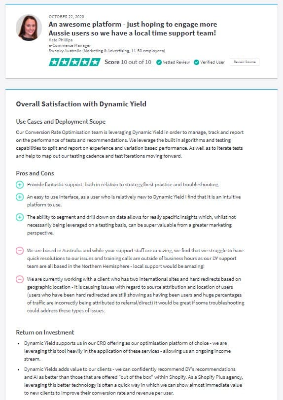 SPA A/B testing tool Dynamic Yield review