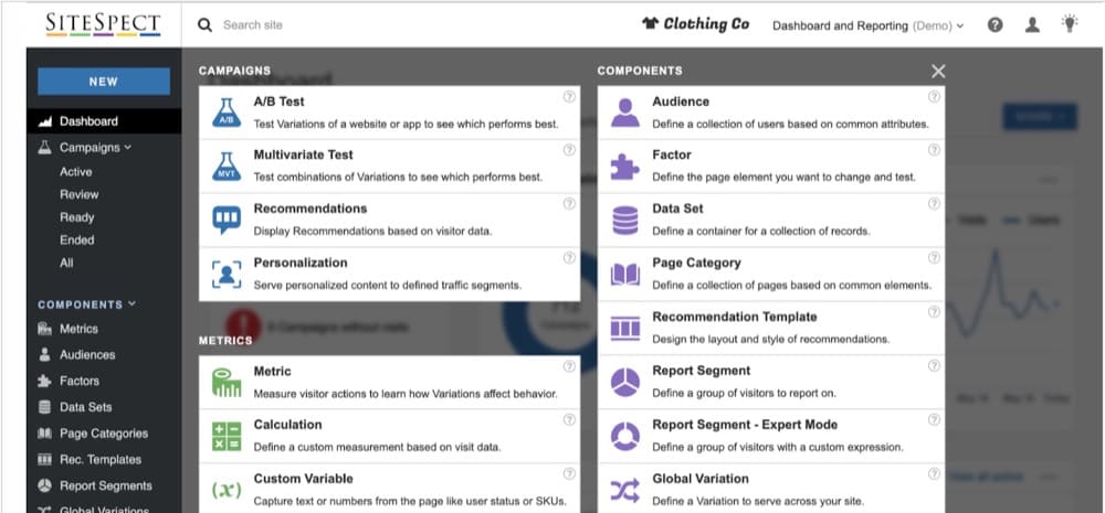 SPA A/B testing tool SiteSpect in-app screenshot