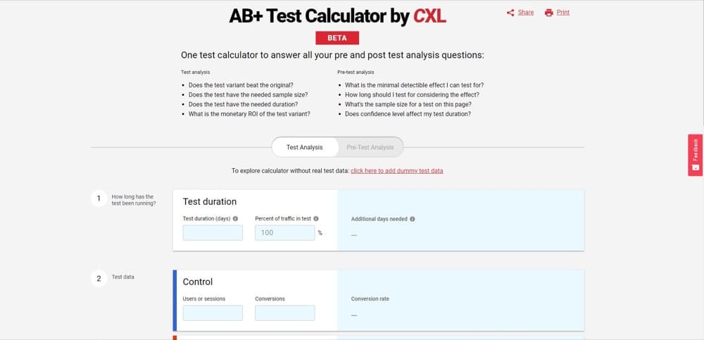 screenshot of cxl stat sig calculator dashboard