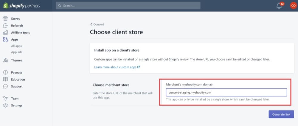 Choose Client Store by Entering Your Myshopify Domain on Convert Dashboard