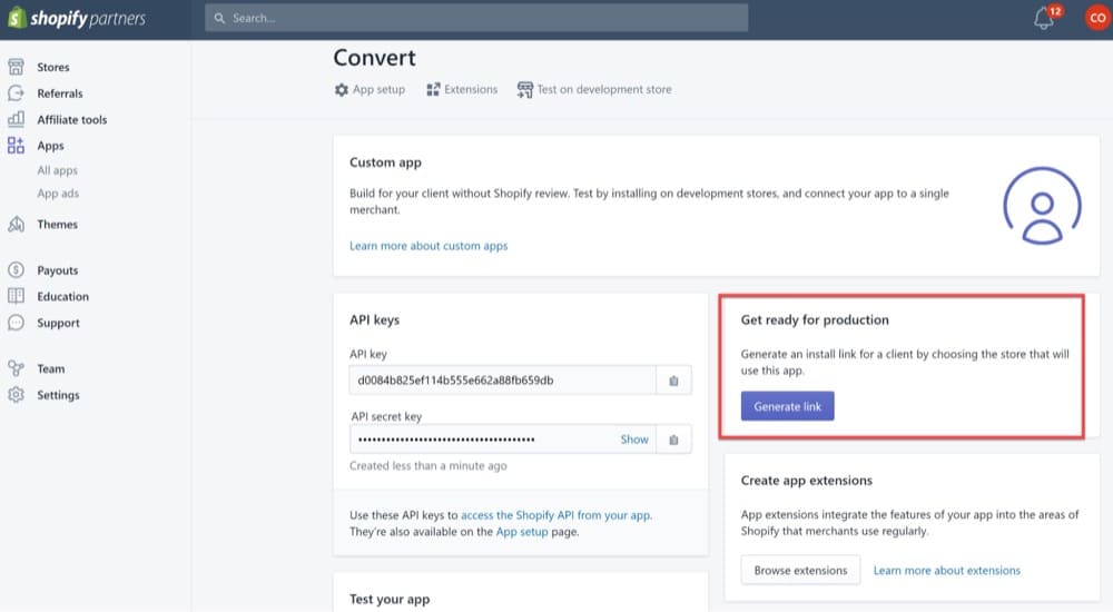 Generate Link to Proceed With the Custom App on Convert Dashboard