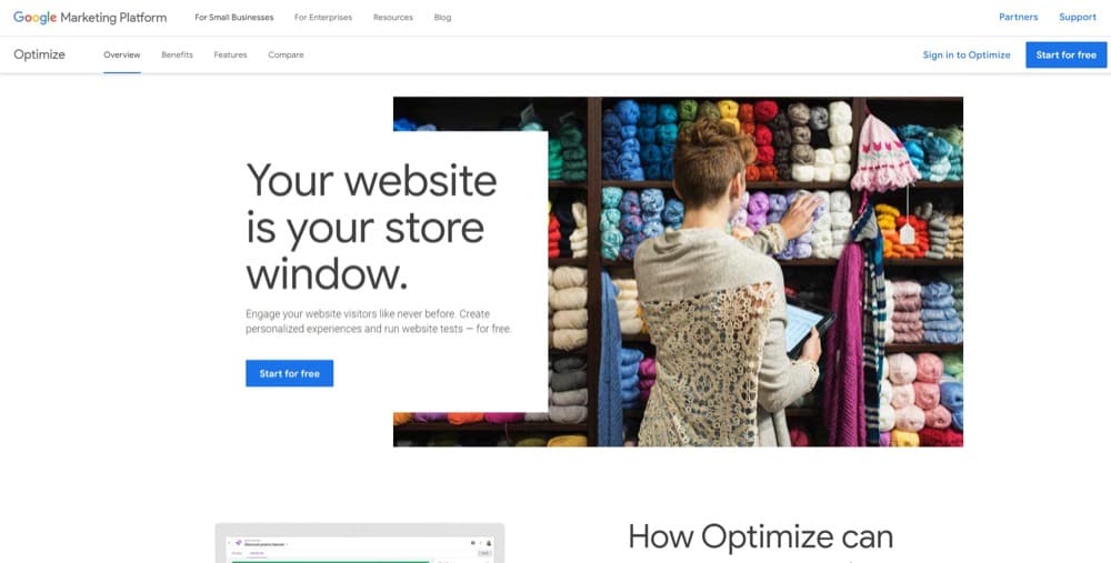 Google Optimize homepage