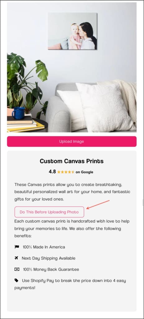 Canvas Prints' Do This Before Uploading Photo Button