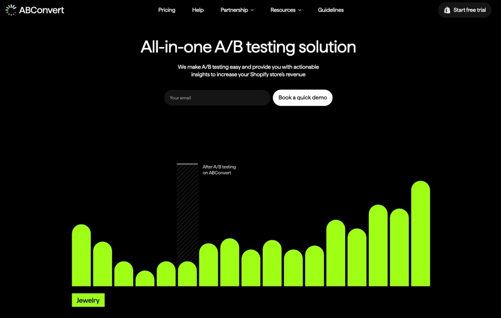 Homepage of the Shopify A/B testing tool ABConvert