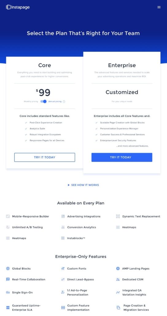 Instapage’s pricing page experiment variant