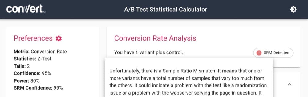 Sample Ratio Mismatch Calculator Convert