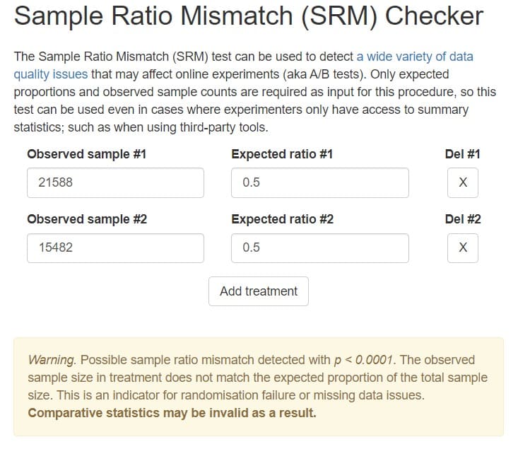 Sample Ratio Mismatch SRM checker example