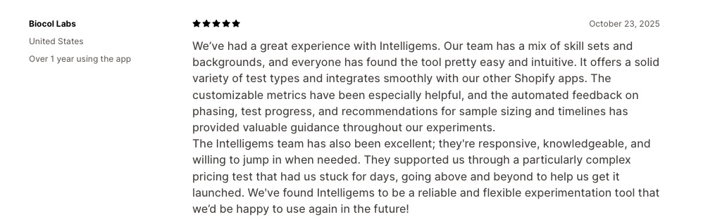 User review of Intelligems on Shopify App Store
