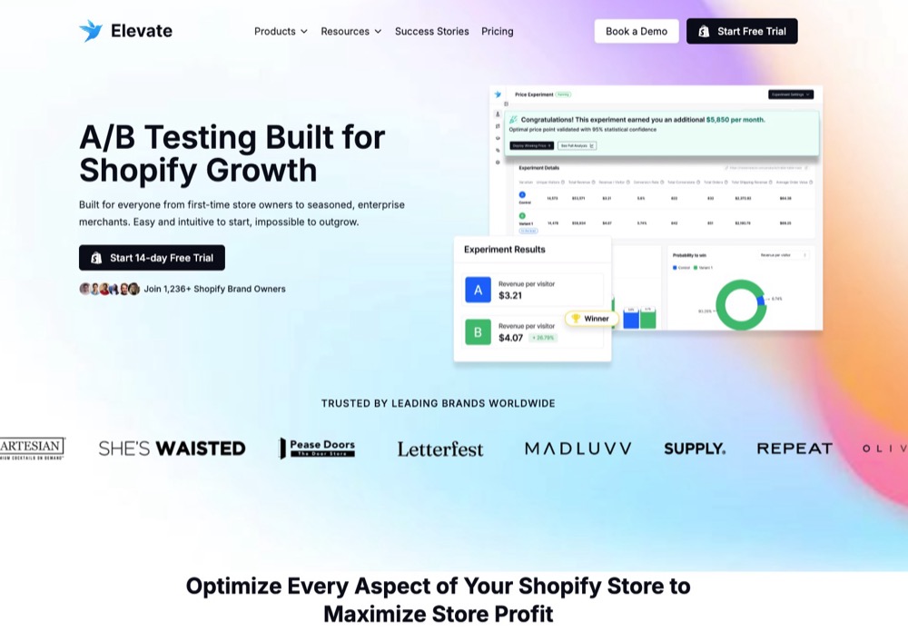 Website homepage of the Shopify A/B testing tool Elevate A/B Testing