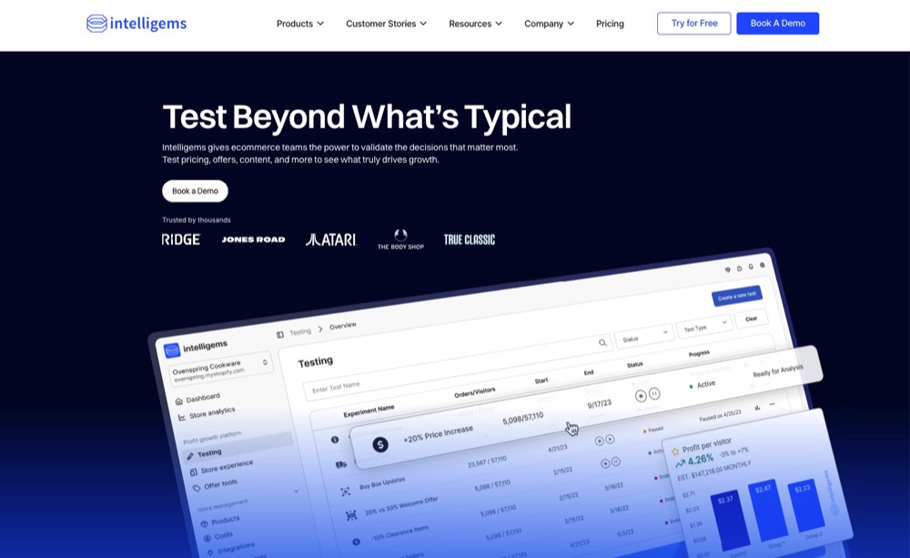 Website homepage of the Shopify price testing app Intelligems