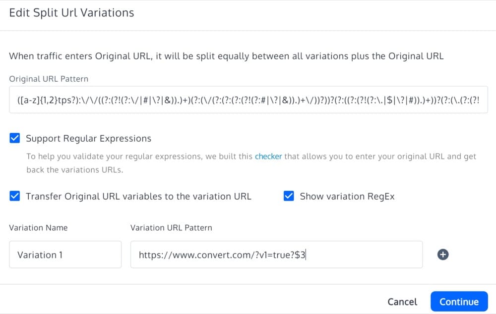Edit split URL variations Convert Experiences